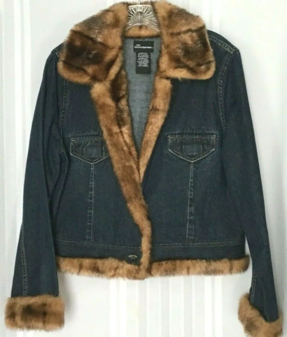 No Boundaries Denim Jean Jacket Size Juniors Large Brown Faux Fur