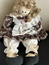 Country Cloth Rag Doll Shelf Sitter 13” Rustic Pretty Girl Apron Red Plaid Dress