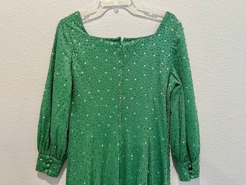 Vintage 60s Kelly Green Evening Gown Beaded Sequin Hostess Maxi Dress Size S? - Picture 9 of 13