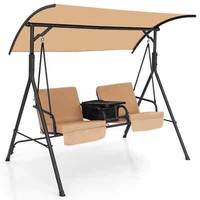 COSTWAY 2 Person Porch Swing Outdoor Canopy Swing Chair Loveseat Swing-Brown
