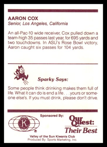 1987-88 Kiwanis Arizona State Sun Devils Police Aaron Cox Football Card - Picture 2 of 2
