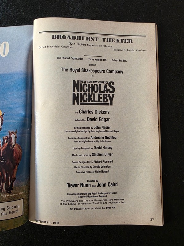 Nicholas Nickleby Playbill w/Royal Shakespeare Company September 1986