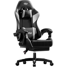 Gaming Chair for Adults with Footrest & Lumbar, Computer Chair, Black & White