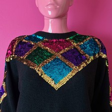 Vintage 90s M Black Cotton Blend Pullover Knit Sweater Sequin Embellished Dolman