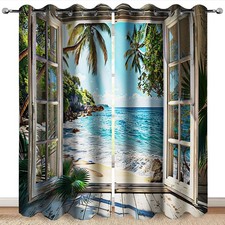 Ocean Beach Seaside Blackout Curtains Coast Palm Tree Sunshine Mountain Curta...