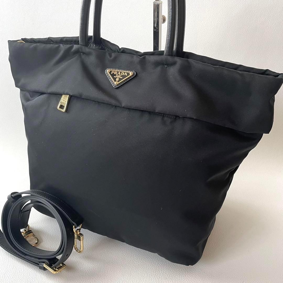 Prada black nylon 2-way shoulder tote bag with triangular logo PG1IN7