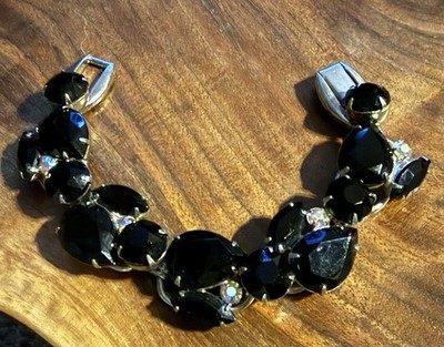Vintage Juliana Jet Black AB Round Rhinestone 5 Link Silver Tone Bracelet