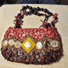 Sun N Sand Naturally Beaded Purse Red Black Shell Inlay Boho Clutch Handbag...
