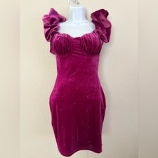 Windsor Rachael Velvet Faux Pearl Party Dress Magenta Small
