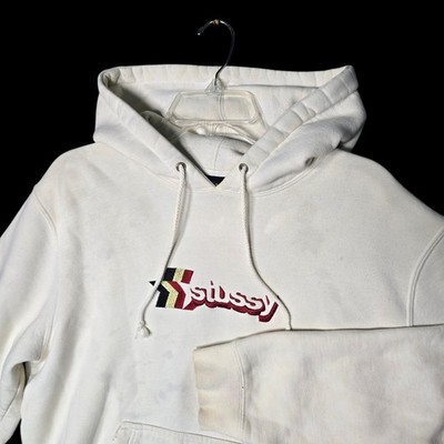 Stussy Hoodie Mens Large 3-Star Applique Sweatshirt Cream White Pullover Skater