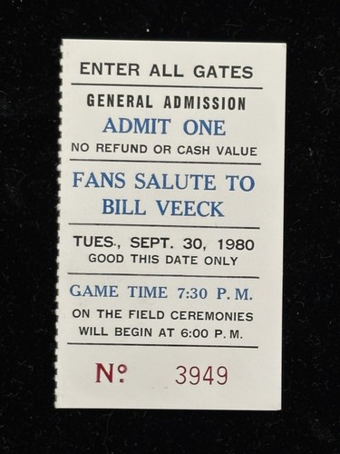 1980 RICKEY HENDERSON SB 97 PASS TY COBB BILL VEECK TICKET A's WHITE SOX⚾️