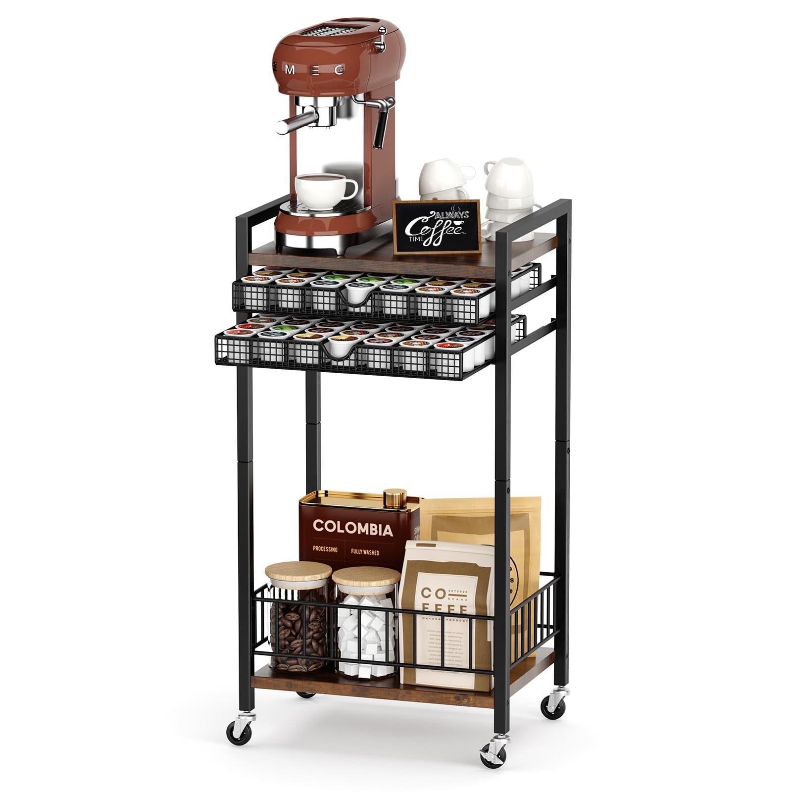 Coffee Bar Stand Station Cart Pod Holder Drawer for 84 Pods Storage with Wheels
