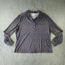Vintage 70s Nikki Womens Plus Size 20 Blue Paisley Polyester Disco Blouse Shirt