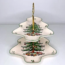Spode Christmas Tree Sculpted 2 Tier Server Tree Shaped Serving Tray Boxed New