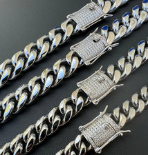 Real Miami Cuban Link Chain Necklace Bracelet Stainless Steel Zircon Clasp