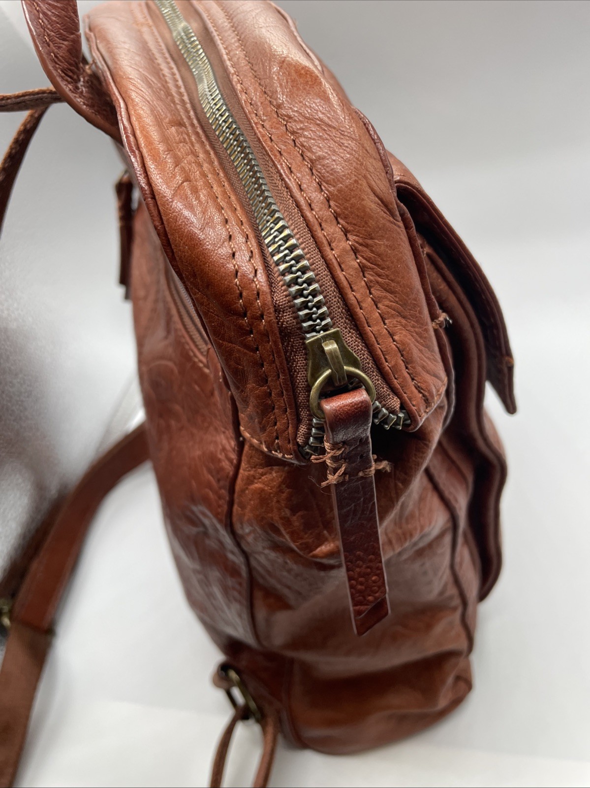 American Leather Co Brown Backpack Embossed Tooled Leather Backpack Purse