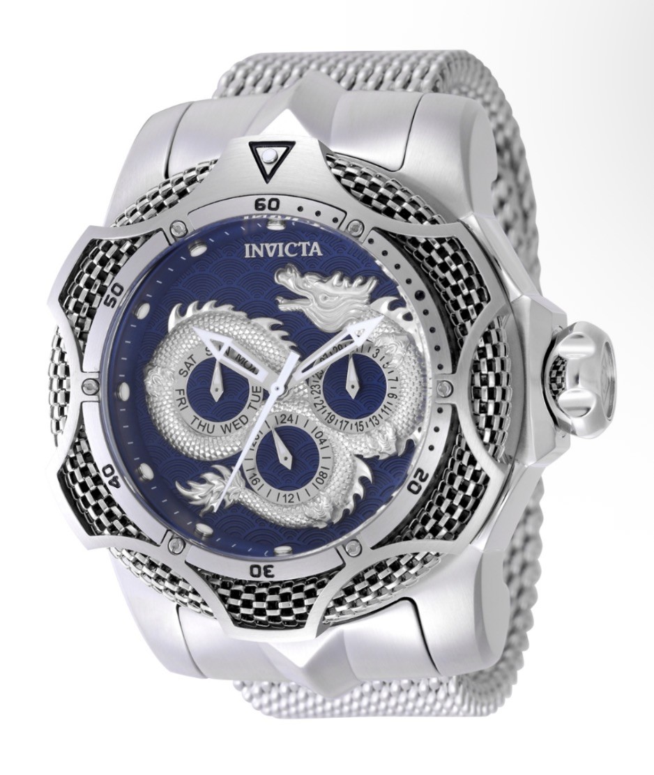 🔥Invicta VENOM Chinese Dragon 53.5mm Blue Dial Mesh Band Silver