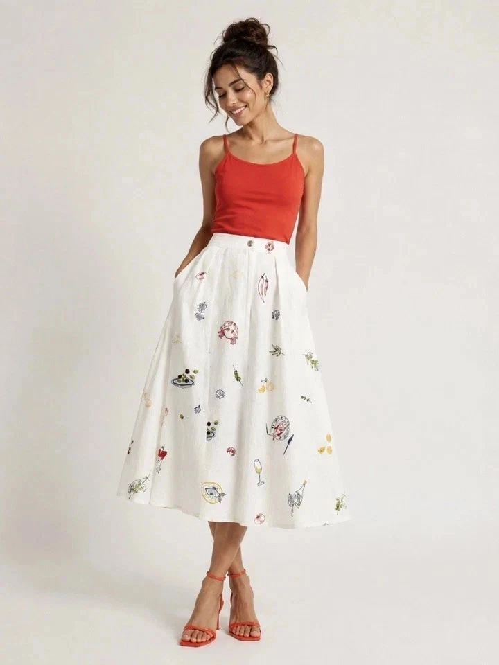 NWT CAROLINE CONSTAS Off White Summer Embroidered Linen Blend Maxi Skirt Sz 4