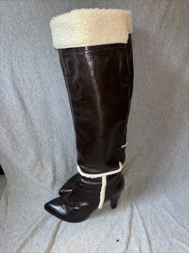 Nine West Brown Patent Leather/ Faux shearling Knee high Boots Woman’s 8.5 - Picture 2 of 9