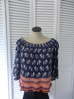 BCNU women's navy-white-orange elephant print 3/4 sleeve rayon top, Size XS