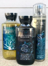 3 WICKED VANILLA WOODS Body Wash Shower Gel + Lotion + Fragrance Mist SET of 3
