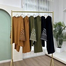 Muslim Embroidered Top Pants Set Arab Long Sleeved Blouse Abaya Women Burqa 2Pcs