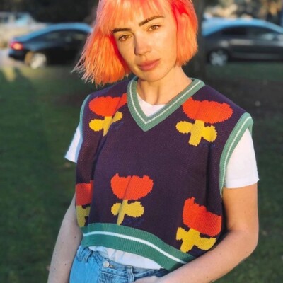 Tulip Embroidered Oversized Crop Vest Hippie Vintage Knit Loose