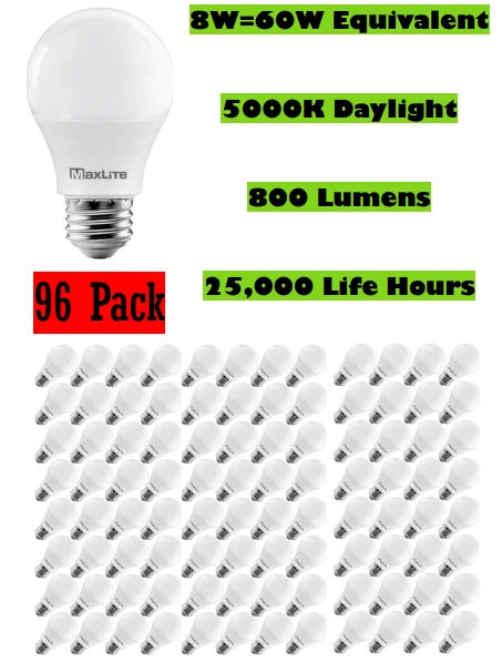 96 Pack Light Bulbs Maxlite 60W Equivalent LED Daylight 5000K A19 E26 Dimmable