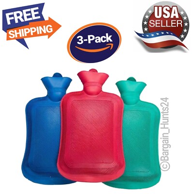 Hot Water Bottle Bag 2000ml 14''x7.25'' Thick Rubber Relax Heat & Cold (Pack of 3)