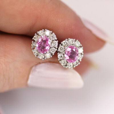 1,3 ctw natürlicher rosa Saphir Diamant massiv 14k Weißgold Heiligenschein Blume Ohrringe