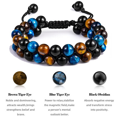 Men's Blue Tiger Eye Triple Protection Therapy Bracelet Lucky Evil Eye Charms