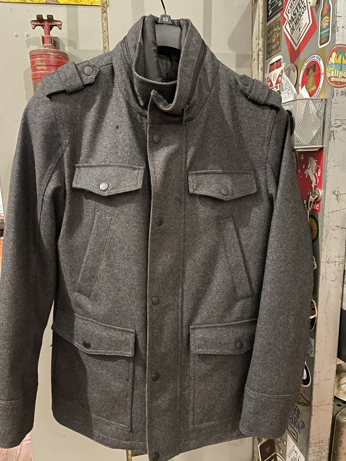 $295 Guess Men's Gray Wool-Blend Insulated Military Quilted Coat Jacket Size Xs
