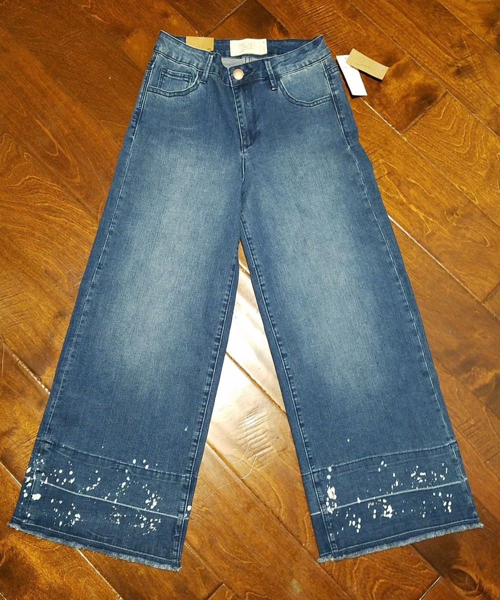 New Rachel Roy High Rise Fringe Trim Blue Denim Gaucho Pants
