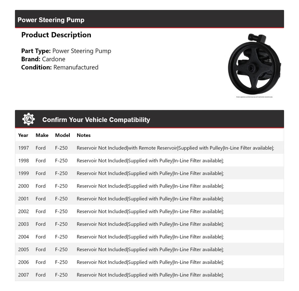 Bomba de direção hidráulica Cardone 1998 1999 2000 2001 2002 Ford F-250 1997-2007 - Imagem 2 de 4