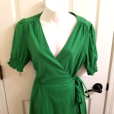 Alex Marie Wrap Dress Bright Green Linen Blend Puff Smocked Sleeve Size M  10 | eBay
