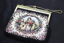 Vintage 1950's Petit Point Embroidery Black Scenery Strap Clutch Purse
