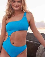 Aerie Wide Rib Cut Out One Shoulder Ring One Piece Swimsuit MEDIUM Elite Blue
