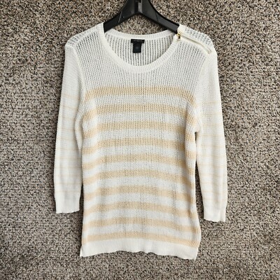 Ann Taylor Sweater Womens Large Striped White Cream Zipper