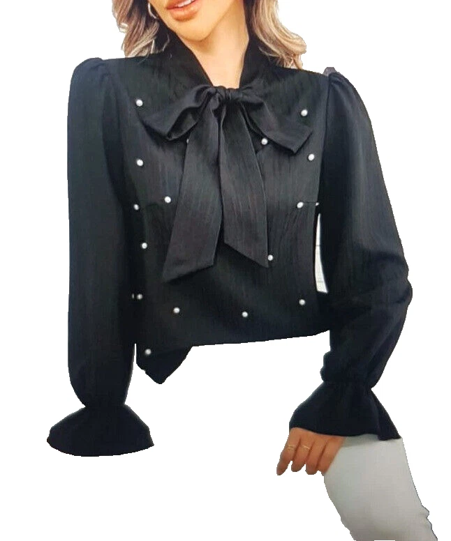 Damen Langarmbluse Perle Schleleife Elegant V Ausschnitt Schwarz Glockenarmeln - Bild 3 von 4