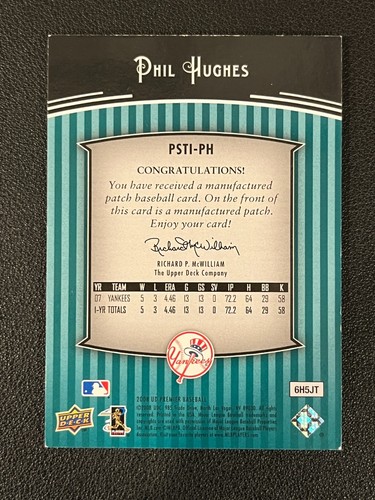 Phil Hughes 2008 Upper Deck Premier Stitchings /25 Yankees PSTI-PH - Picture 2 of 2