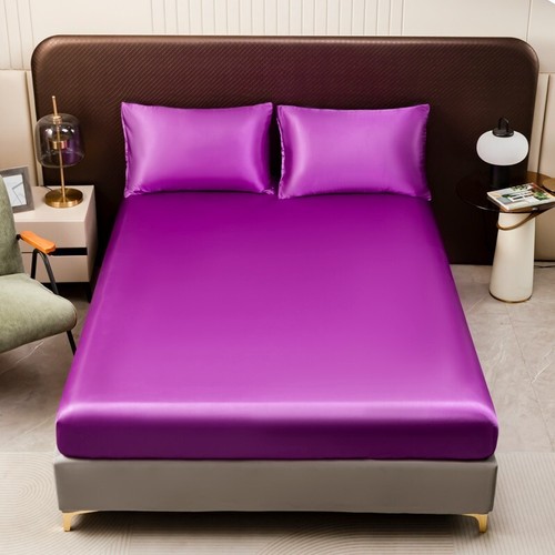 3pc Satin luxury Solid Color Bed Fitted Sheet and Pillowcase Upscale Adjustable - Picture 5 of 28