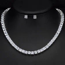 Silver Plated Cubic Zirconia Women Square Tennis Necklace Earrings Jewelry Set