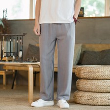 Pantaloni Kung Fu Larghi In Lino Mix Con Vita Elastico Gambe Dritte
