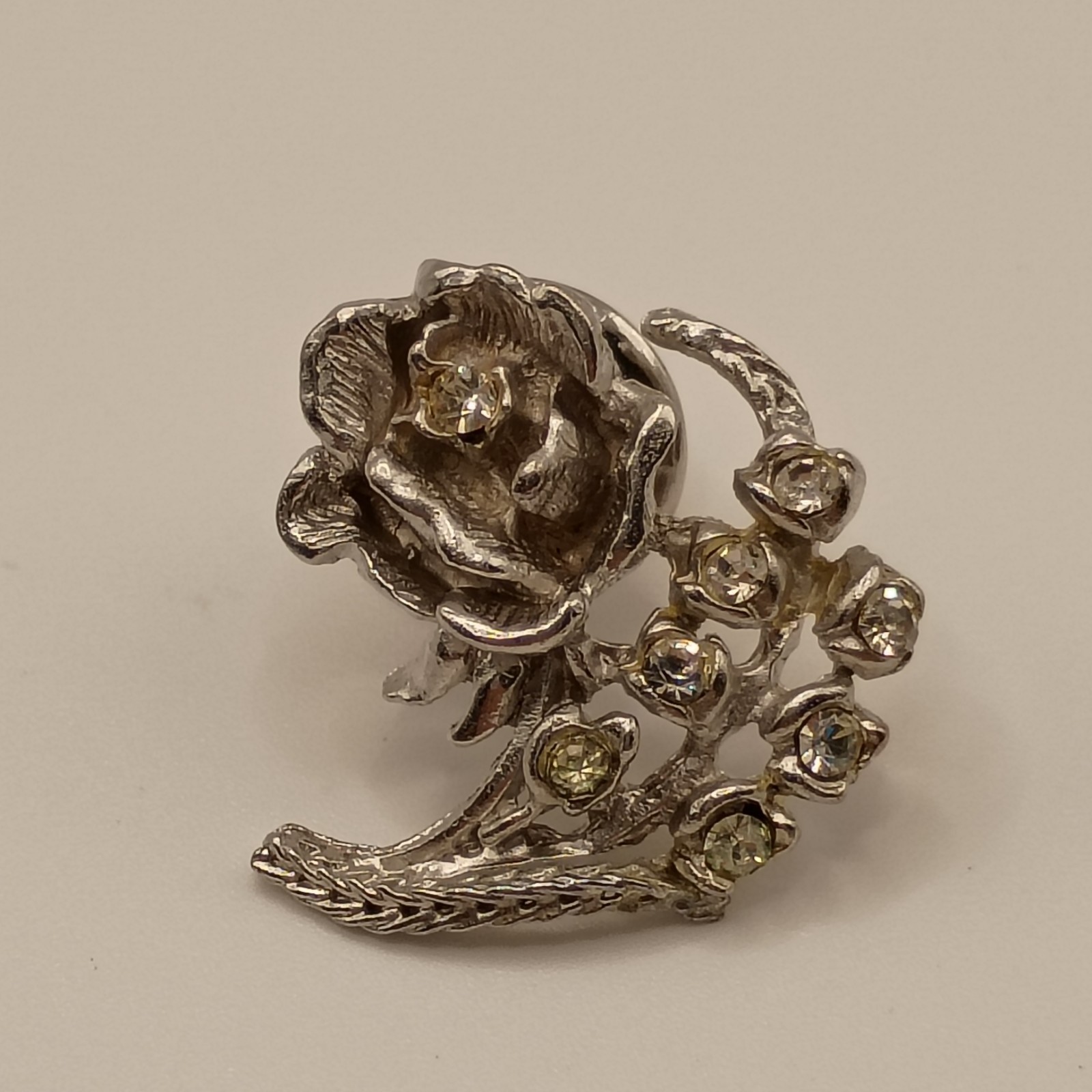 Vintage Rose Flower Lapel Pin Tie Tack Rhinestones Silver Tone Spring Summer