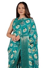 TBS Designer Sari Blue Bollywood Party Saree Elephant Motifs with Blouse Piece