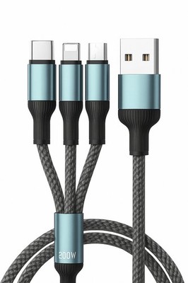 3in1 Ladekabel USB-C 200W Apple Samsung 6A Geflochten Grau SENDEM M51 NEU