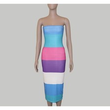 Color Block Strapless Midi Dress Small Ribbed Bodycon Pastel Y2K Summer Party