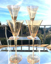 Gorgeous Set 4 Vintage Gold Iridescent  tall Martini Cocktail Glasses Hand Blown