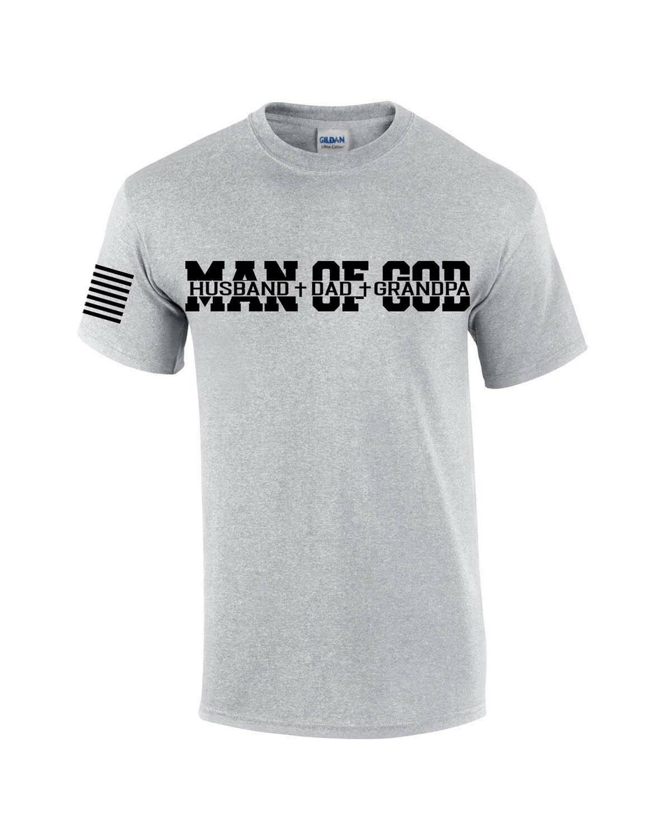 Man of God Dad Father Grandpa Mens Christian American Flag Sleeve T-shirt