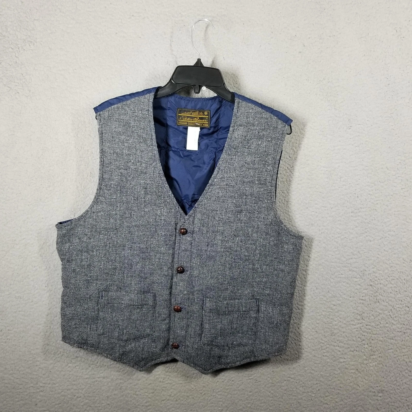 Eddie Bauer Vest Mens Large Gray Blue Goose Down Puffer Wool Tweed Button Lined